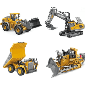 ADTHLIER Remote Control Excavator (11-Channel), Dump Truck, Bulldozer, Loader (9-Channel), 2.4GHz Remote Control Construction Vehicles, Metal Construction, with Cool Lights and Sound Effects, 4-Pack