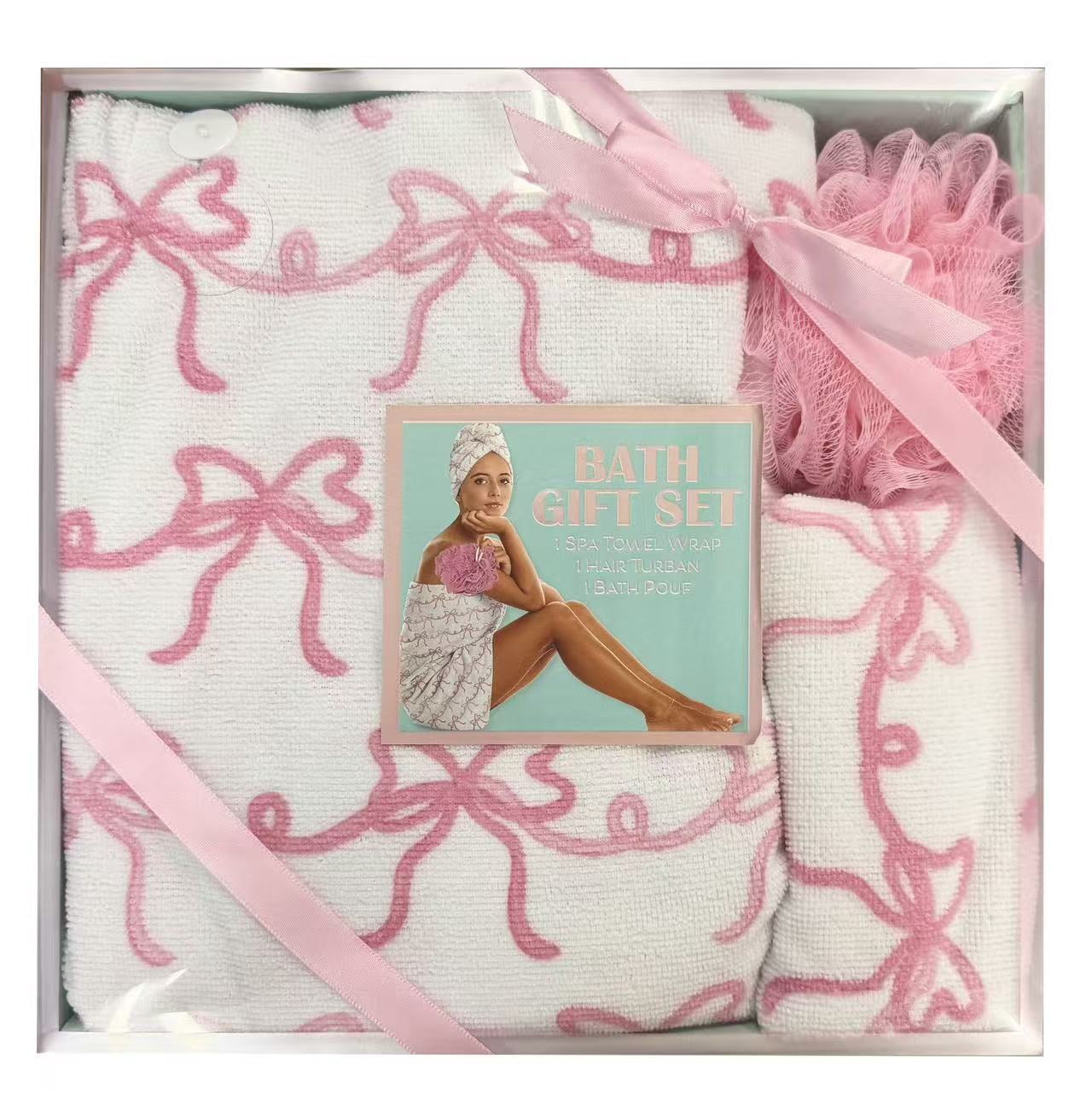 Adult Bath Set, 3 Pieces, Pink Bow Print