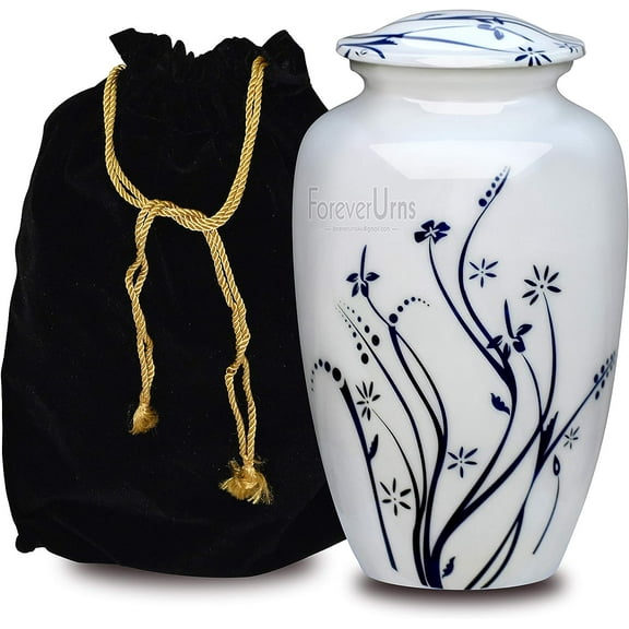 ADULT CREMATION URNS FOR ASHES- White Garden With Blue Leaf Cremation Urn for Human Ashes - Completely Handcrafted with Volume 200 Cu. in. with Velvet Protection Bag.