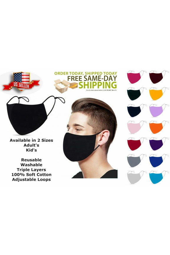 ADULTS Face Mask 3 Layers 100% Cotton Washable Reusable Adjustable Ear Loops. Unisex