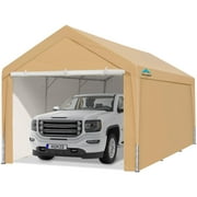 ADVANCE OUTDOOR 10'x20' Heavy Duty Steel Carport with Adjustable Height from 9.5 to 11 ft, Car Canopy Garage with Sidewalls and Doors, Beige