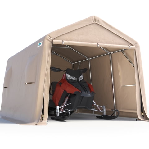 ADVANCE OUTDOOR 10x15 ft Carport Shelter Storage Shed Steel Metal Peak Roof Anti-Snow Portable Garage Carport for Motorcycle, Boat or Garden Tools with 2 Roll up Doors & Vents, Beige