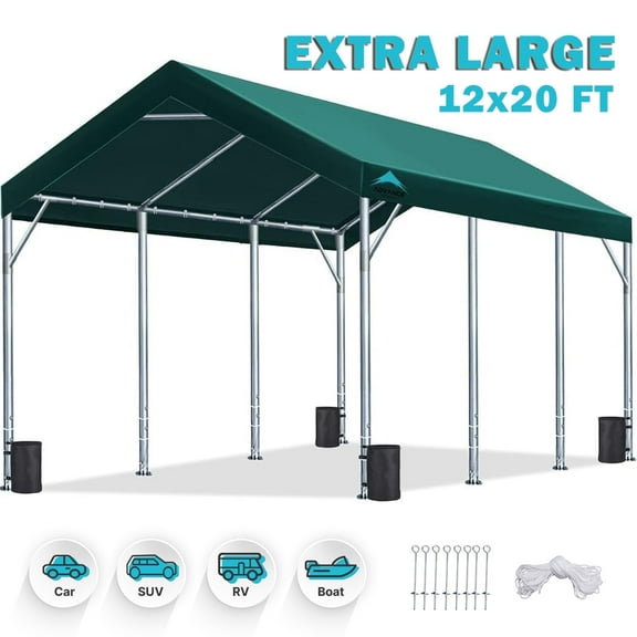 ADVANCE OUTDOOR 12x20 ft Carport with Adjustable Height from 9.5 ft to 11 ft, Heavy Duty Car Canopy, 8 Legs with 8 Reinforced Poles and 4 Sandbags, Green