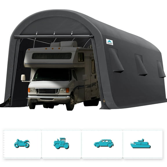 ADVANCE OUTDOOR 13x20 ft Large Space Round Roof Storage Shelter Heavy Duty Carport with 2 Roll up Doors & Vents for Vehicle Truck Boat Anti-UV Snow Waterproof, Gray