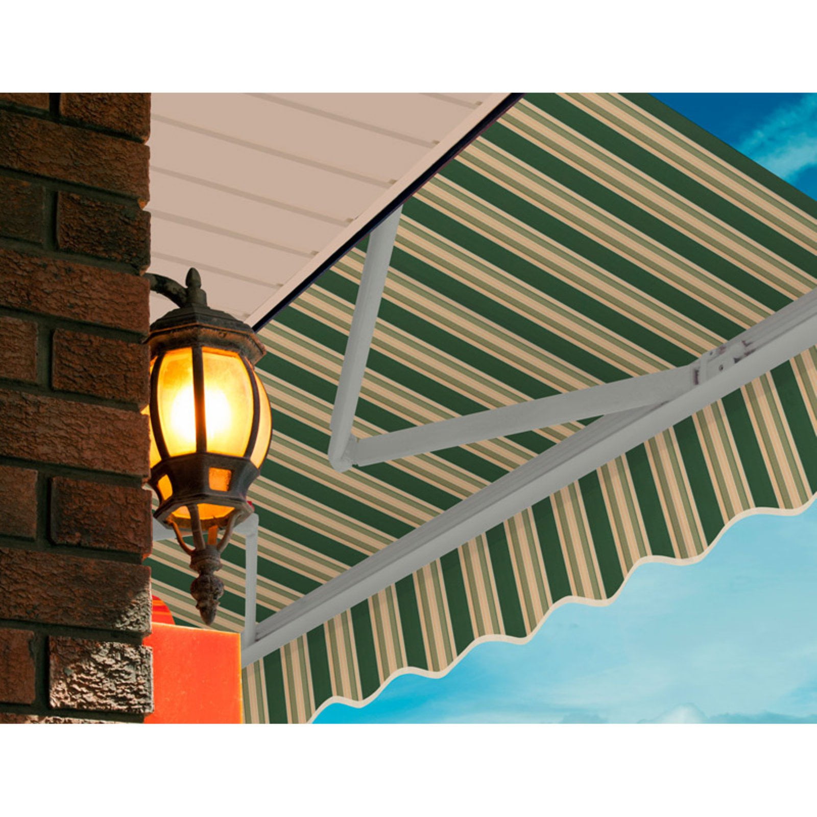 Forest Green and Beige Striped Motorized Patio Awning
