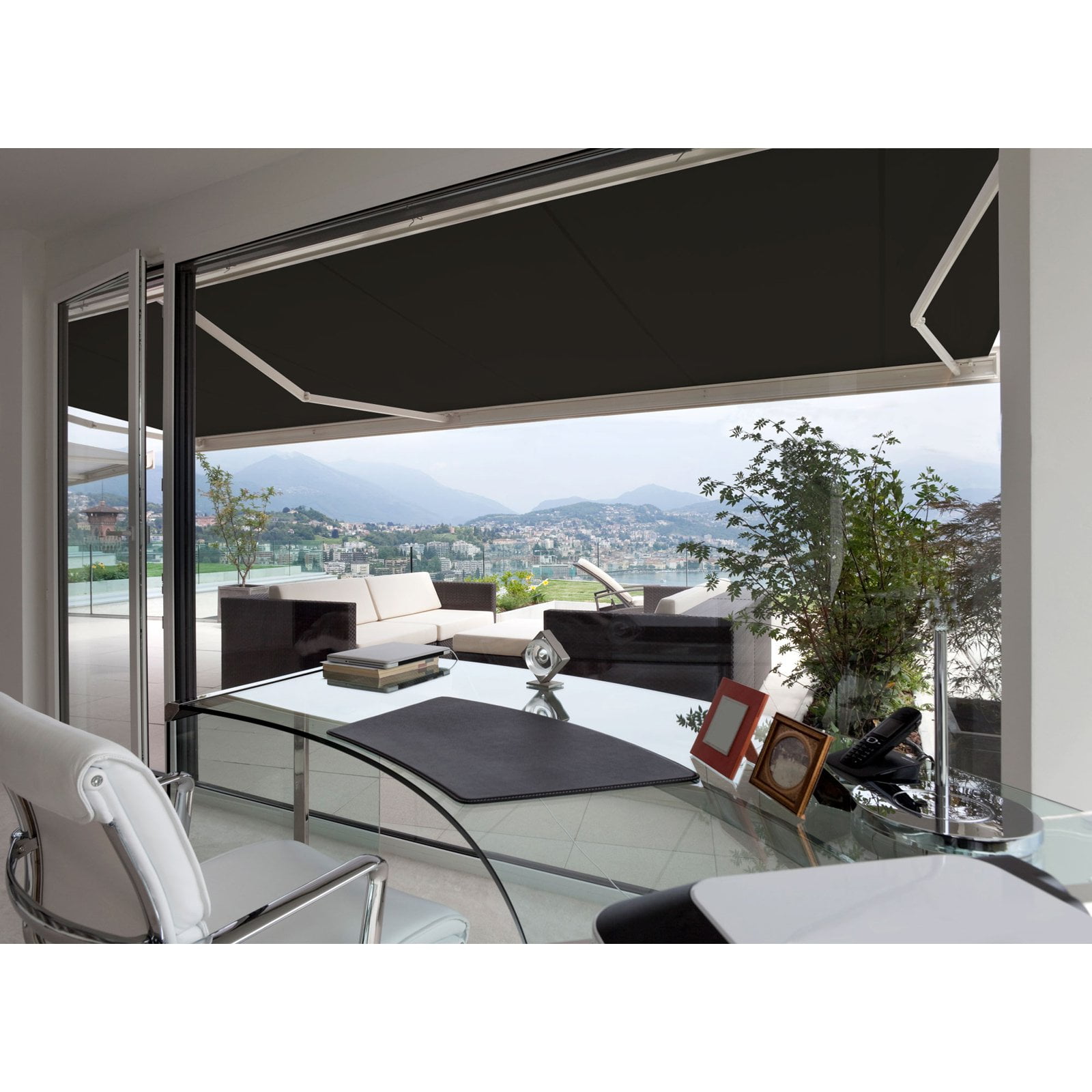 Black 12' x 10' Motorized Retractable Patio Awning with Acrylic Fabric