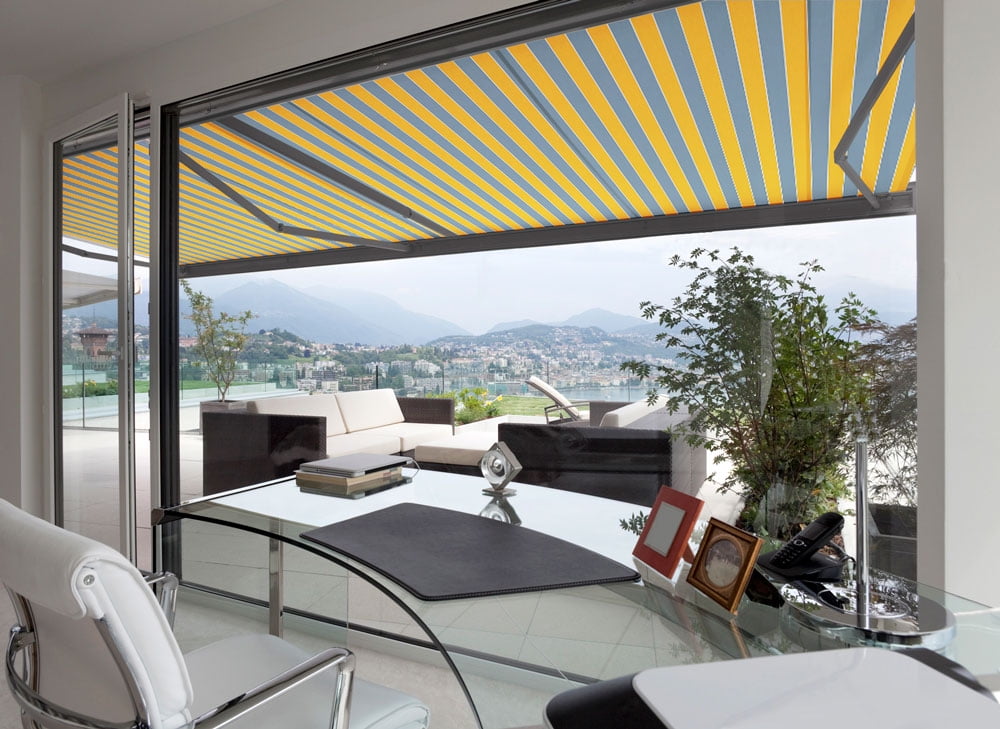 ADVANING 8'X7' MANUAL Patio Retractable Awning | CLASSIC Series | PREMIUM Quality, 100% Acrylic UV Sun Shade Awning, Color: Yellow & Gray Stripes, MA0807-A225H