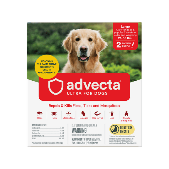 ADVECTA Ultra Flea and Tick Protection Topical Treatment for Large Dogs, 21-55lbs, 2 Month Supply
