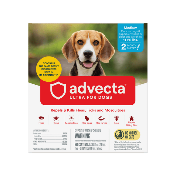 ADVECTA Ultra Flea and Tick Protection Topical Treatment for Medium Dogs, 11-20lbs, 2 Month Supply