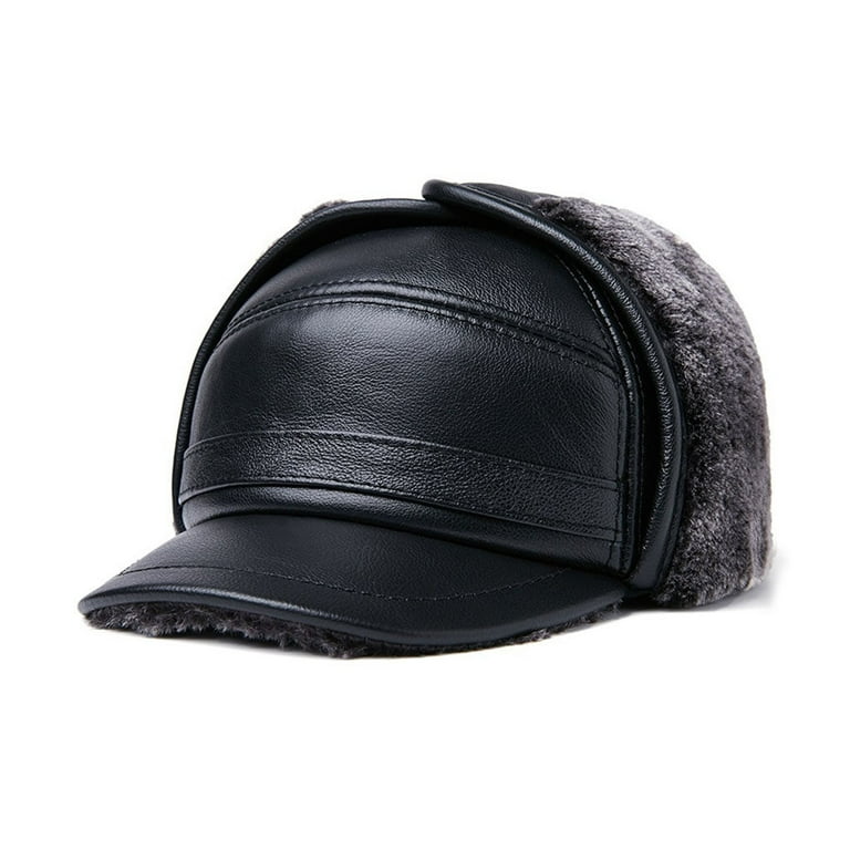 ADVEN Winter Caps Leather Middle Old Aged Fleece Lining Warm Earmuffs  Headgear Vintage Style Thermal Hat Outdoor Walking Daily Wear Black gray  XL{57-58} 