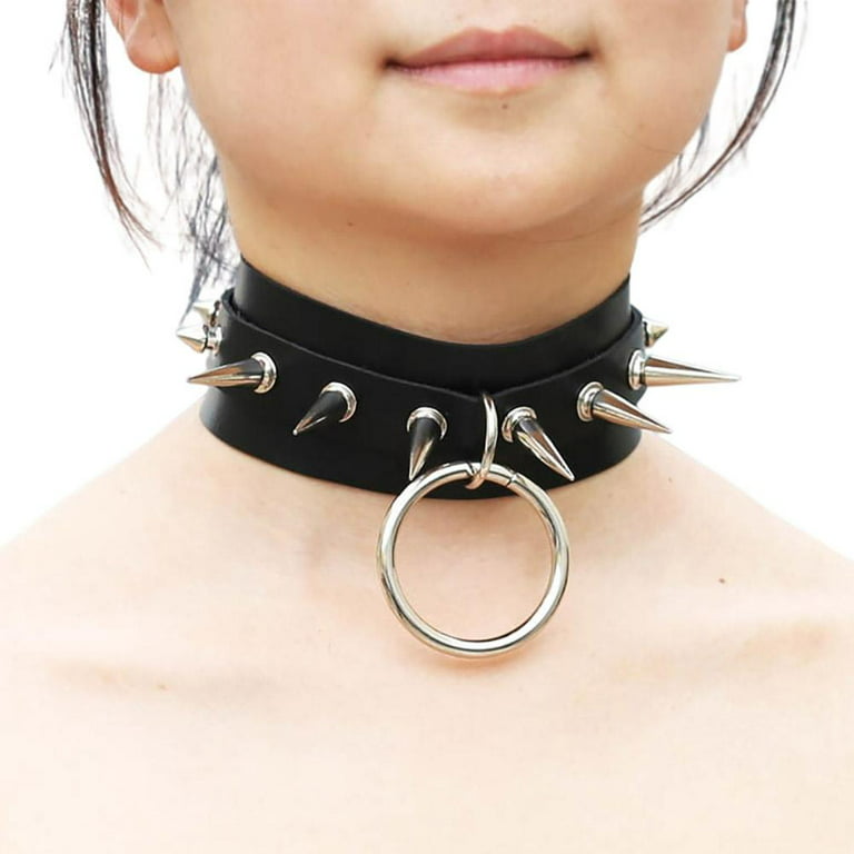 ADVEN Women Men PU Leather Spike Rivet Stud Collar Choker Necklace Big  O-ring Punk Rock Gothic Chokers Adjustable Clavicle Chain