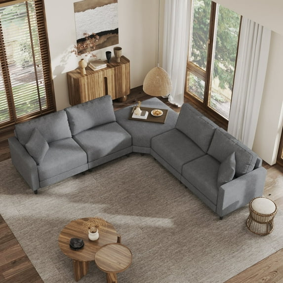 ADVWIN L Shaped Oversized Modular Sectional Couch, Modern Comfortable Convertible Corner Sofa with Reversible Chaise, 2 Pillows & Serving Tray for Living Room, Dark Gray