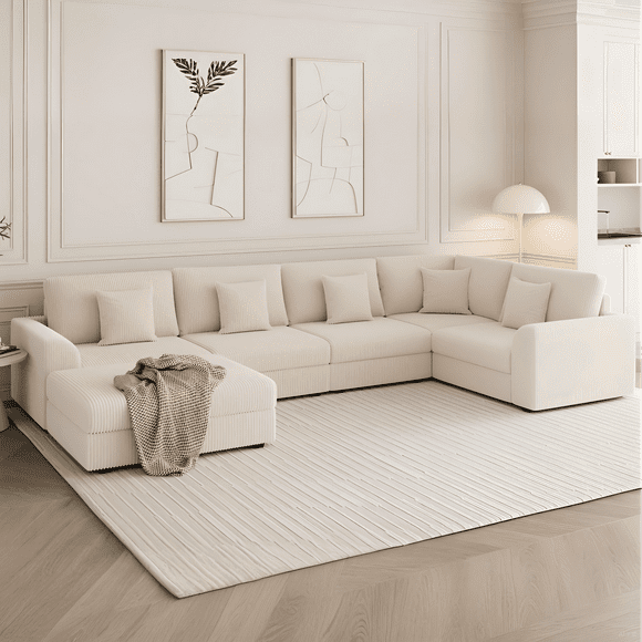 ADVWIN 146" Oversized Corduroy Modular Sectional Sofa - 6 Seats, Convertible Sleeper Lounge Couch with Ottoman & 5 Pillows - Comfortable Modern Sofa for Living Room, Beige