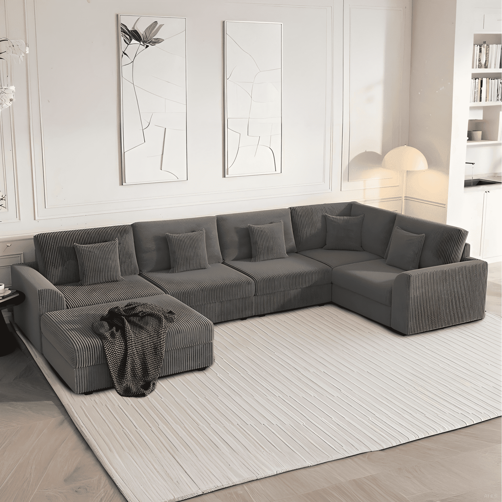 Advwin 146" Oversized Corduroy Modular Sectional Sofa, 6-Seat Convertible Sleeper Sofa with Ottoman & 5 Pillows, Modern L-Shaped Lounge Couch for Living Rooms, Dark Gray