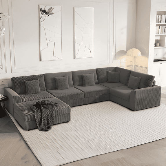 Advwin 146" Oversized Corduroy Modular Sectional Sofa, 6-Seat Convertible Sleeper Sofa with Ottoman & 5 Pillows, Modern L-Shaped Lounge Couch for Living Rooms, Dark Gray