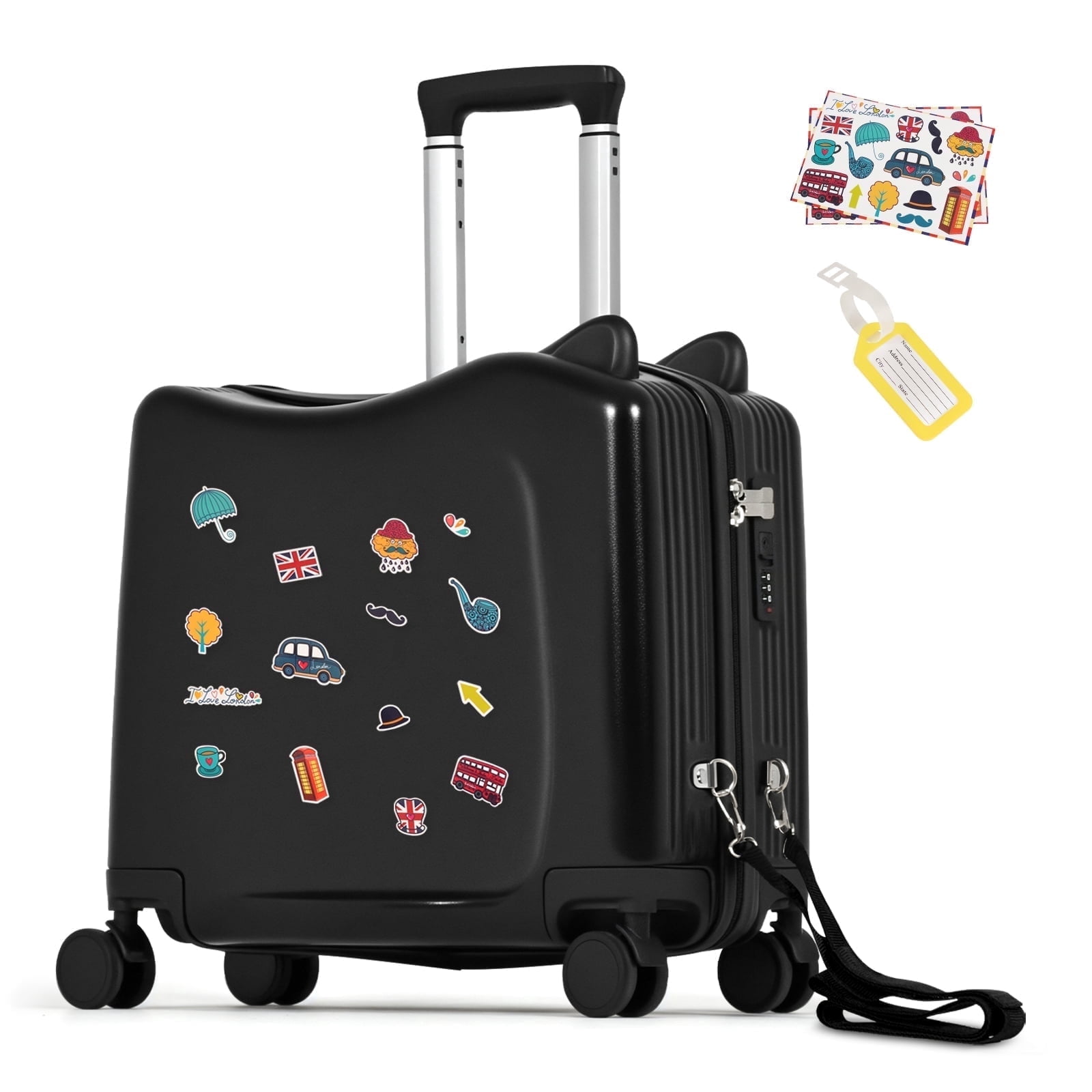 Advwin 20" Ride on Hardshell Suitcase with Spinner Wheels for Kids, Lightweight Trolley Luggage with Carry Strap, Carry on Travel Luggage with Lock, Black