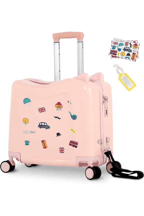 20" Ride on Hardshell Suitcase with Spinner Wheels for Kids, Lightweight Trolley Luggage with Carry Strap, Carry on Travel Luggage with Lock, Pink
