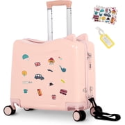 Advwin 20 Ride on Hardshell Suitcase with Spinner Wheels for Kids, Lightweight Trolley Luggage with Carry Strap, Carry on Travel Luggage with Lock, Pink