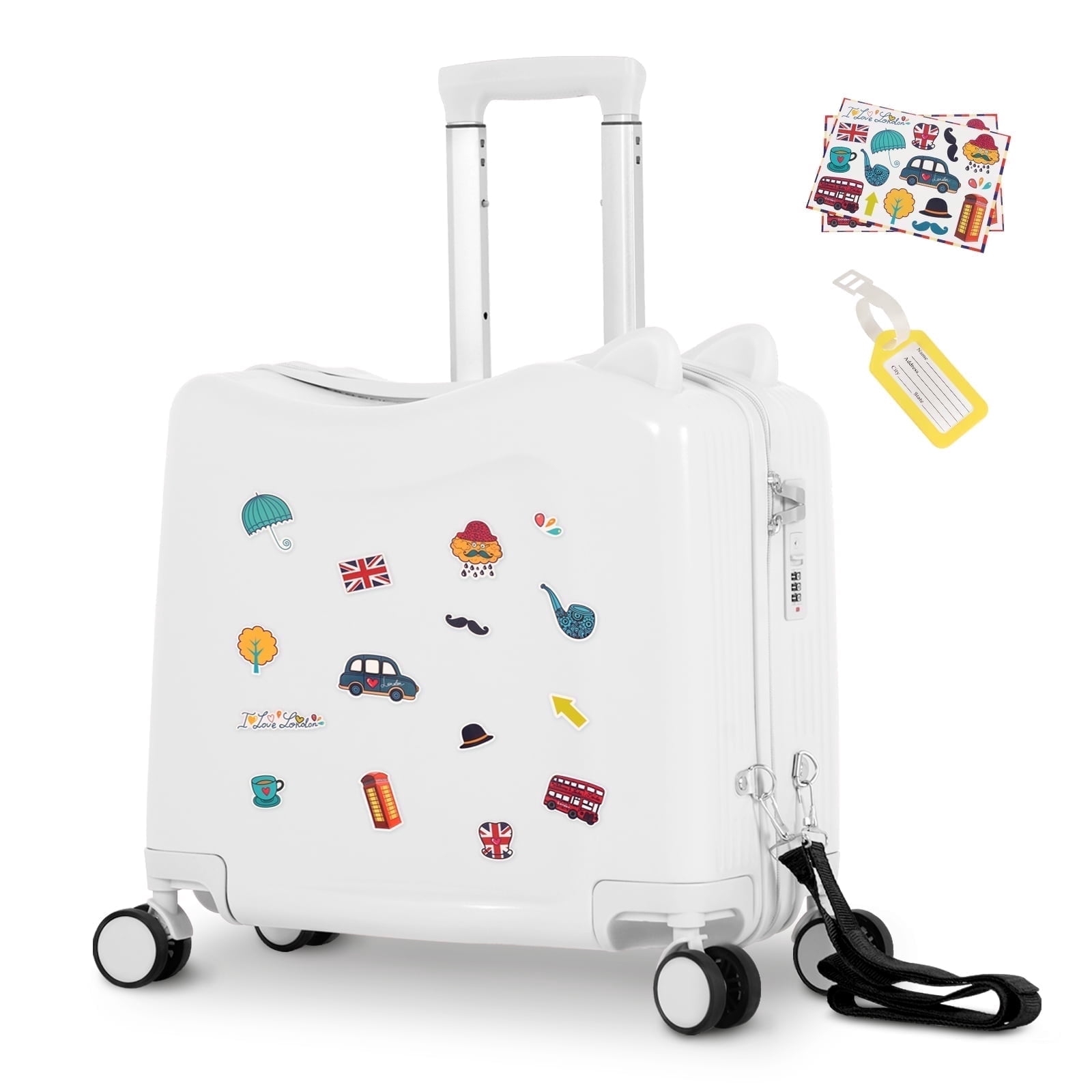 Advwin 20" Ride on Hardshell Suitcase with Spinner Wheels for Kids, Lightweight Trolley Luggage with Carry Strap, Carry on Travel Luggage with Lock, White
