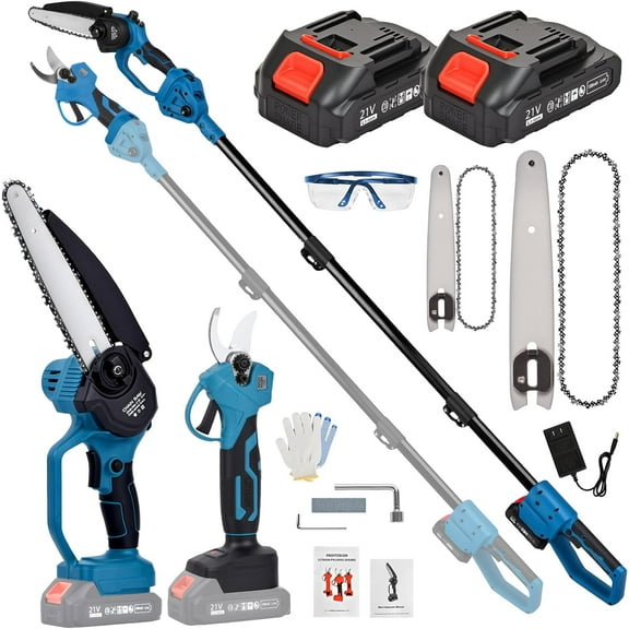 ADVWIN 4-in-1 Electric Pole Saw & Pruning Shears Combo Kit, 6" & 8" Cordless Chainsaw with Extension Pole, 2×21V Batteries, Tree Trimmer Set for Yard Work — Holiday Gift for Dad & DIYers