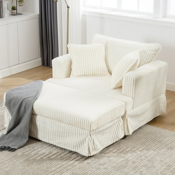 Advwin Oversized Chaise Lounge Chair with Ottoman, Cloud Plush Corduroy Deep Seat Single Sofa Chair for Modern Living Room & Bedroom, Beige