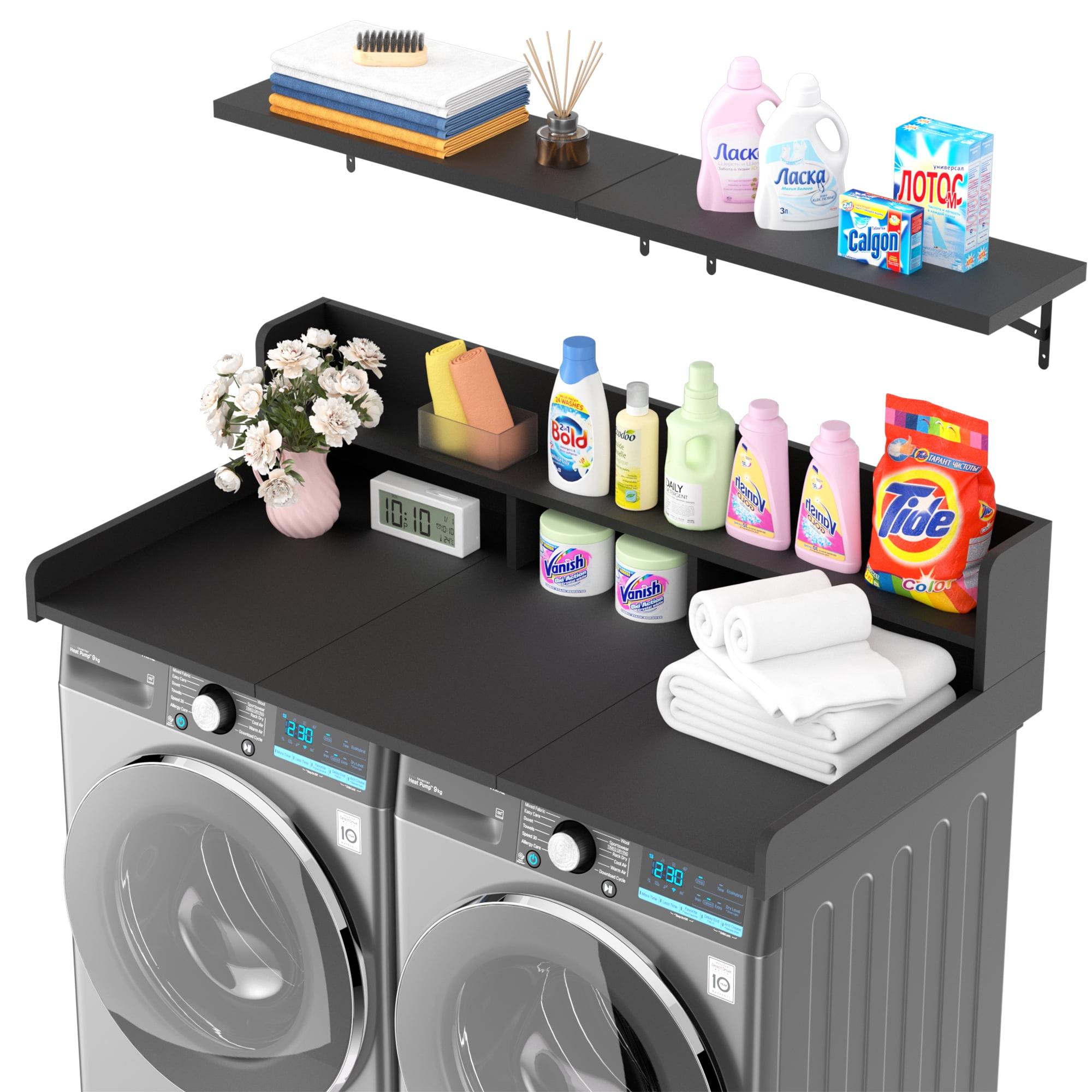 ADVWIN 54" Washer Dryer Countertop with 2-Layer Shelves and Storage Shelf, Laundry Room Countertop Set, Black