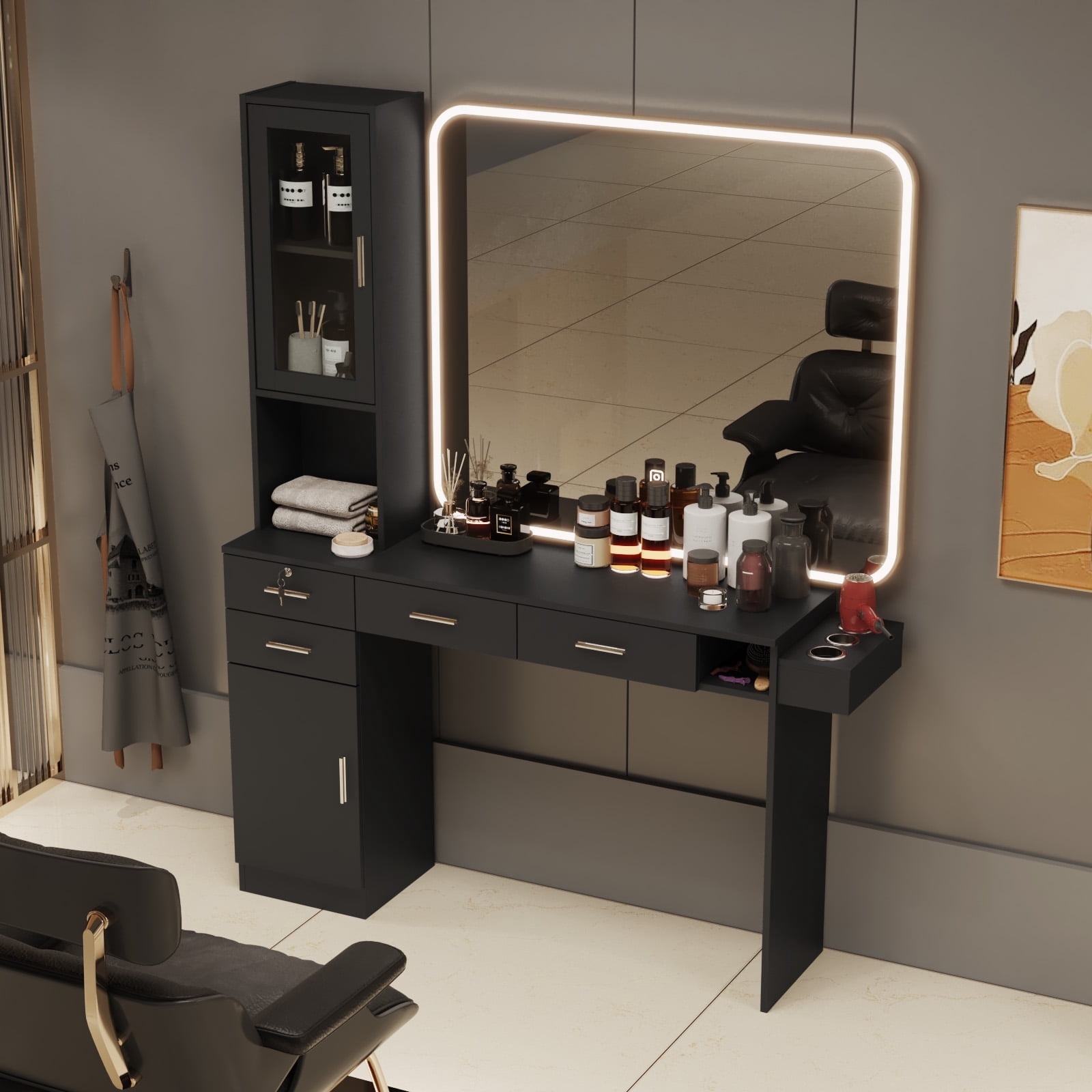 Advwin Barber Station Wall Mount Salon Stations, Beauty Salon Spa Equipment, Standing Hair Styling Furniture with Hair Dryer Holders Drawers Shelves Storage Cabinet, Black (Mirror Not Included)