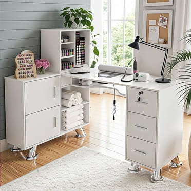 ADVWIN L-Shaped Manicure Table with Storage Drawers, Shelves, Electric Downdraft Vent, Wrist Cushioin, Salon Corner Manicure Workstation, White