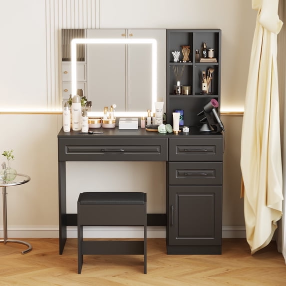 Advwin Makeup Vanity Desk with LED Mirror, Stool, Power Outlet, Drawers & Cabinet, Black