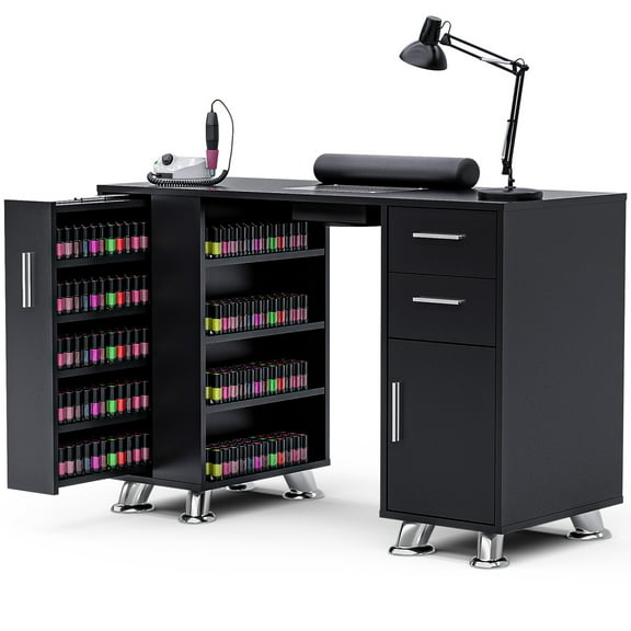 Advwin Manicure Table Nail Desk, Beauty Salon Station with Dust Collector, Wrist Cushion, Drawers, Shelves & Storage Cabinet