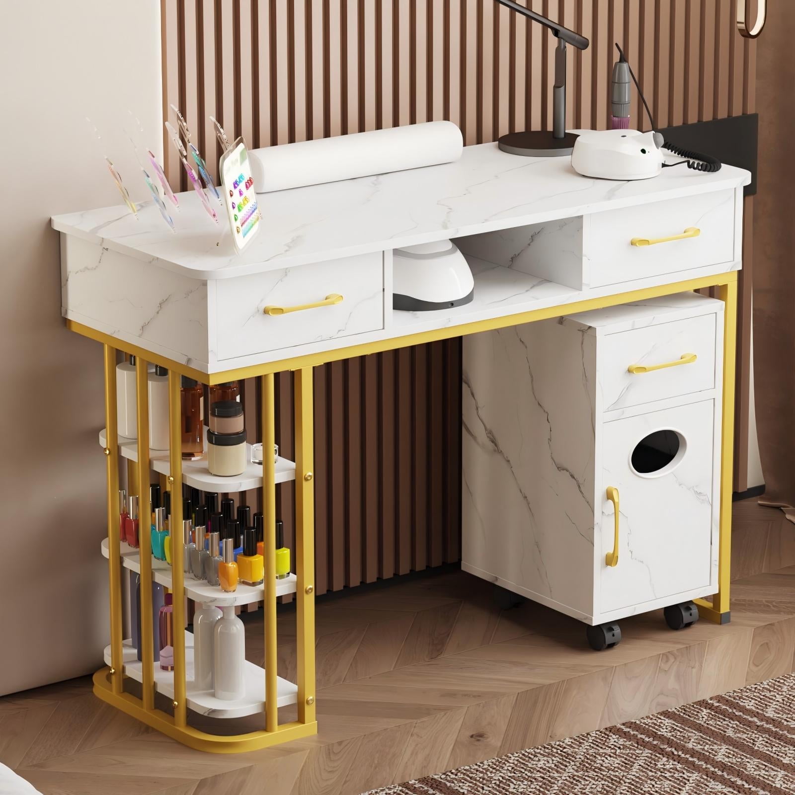 Advwin Manicure Table Nail Desk for Nail Tech, Professional Nail Table with Wrist Cushion, Storage Cabinet & Drawer, Modern Multipurpose Table for Home Office Beauty Spa Salon Nail Station