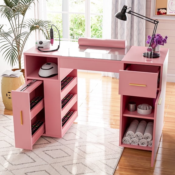 Advwin Manicure Table Nail Desk Station with Glass Top, Dust Collector, Wrist Cushion & Wheels, Acetone Resistant Nail Table for Nail Tech, Storage Cabinet Beauty Salon Station Spa Equipment, Pink