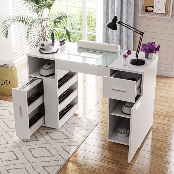 Advwin Manicure Table Nail Desk Station with Dust Collector, Glass Top & Wrist Cushion, Acetone Resistant Nail Table with Wheels & Storage Cabinet