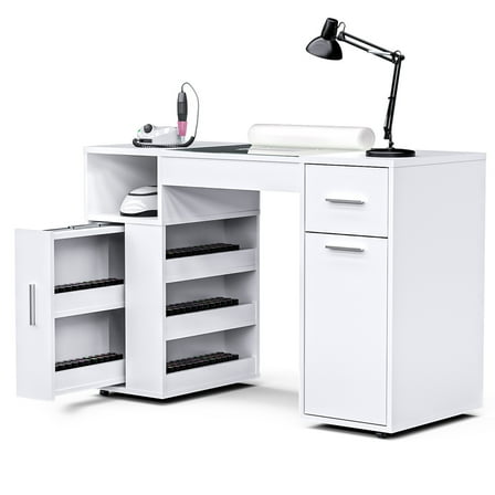 Advwin Manicure Table Nail Desk Station with Dust Collector, Glass Top & Wrist Cushion, Acetone Resistant Nail Table with Wheels & Storage Cabinet