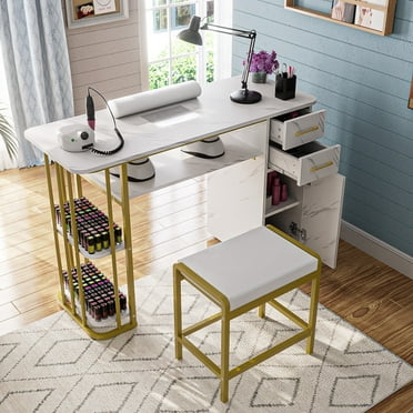 ADVWIN Manicure Table Set with Stool & Dust Collector, Nail Table Station Nail Desk for Nail Tech Nail Art, Beauty Salon Station with Wrist Cushion, Drawers, Shelves, Storage Cabinet, Chair