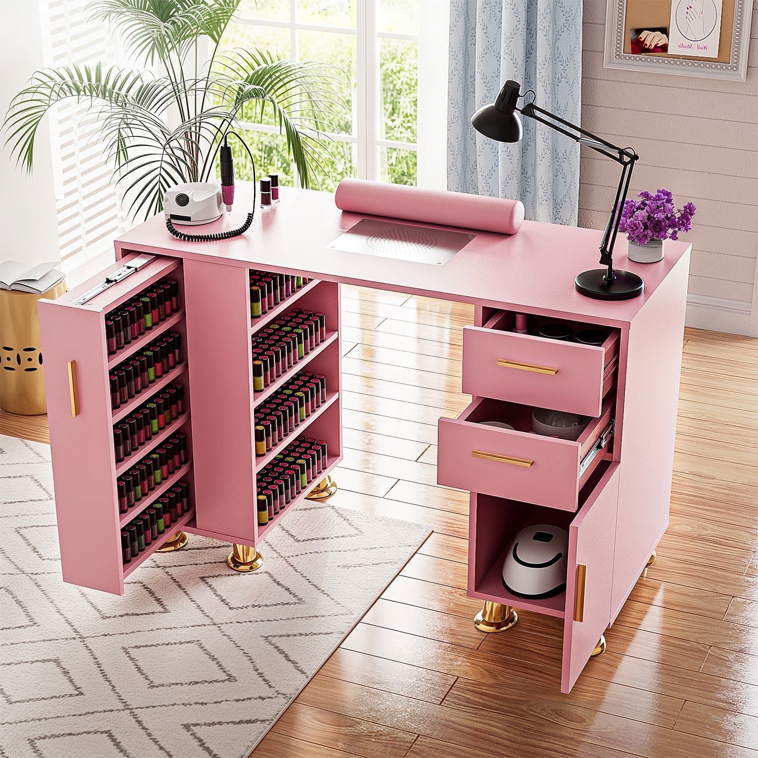 Pink Manicure Table with Storage Drawers and Dust Collector