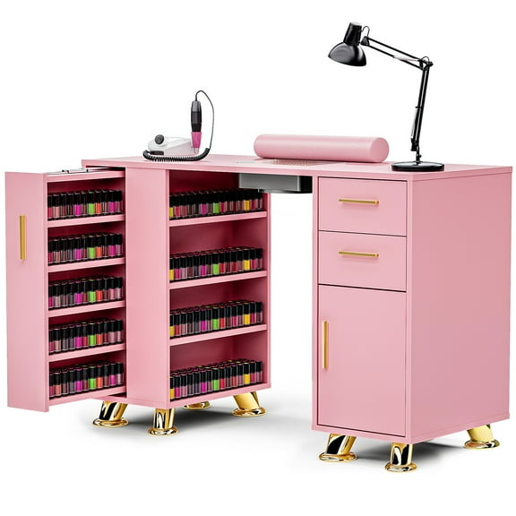 Advwin Manicure Table Station,Nail Table Nail Desk with Dust Collector, Wrist Cushion, Drawers, Shelves & Storage Cabinet, Beauty Salon Station Nail Tech Desk Spa Equipment, Pink