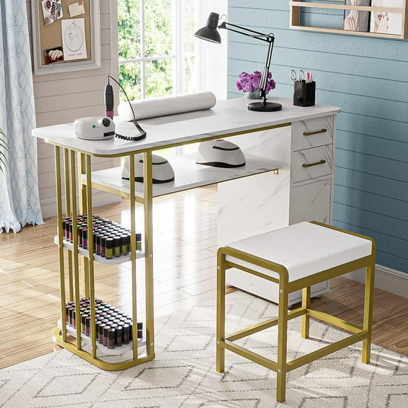 Advwin Manicure Table with Stool and Wrist Cushion, Nail Desk for Nail Tech, Beauty Salon Station Manicure Workstation