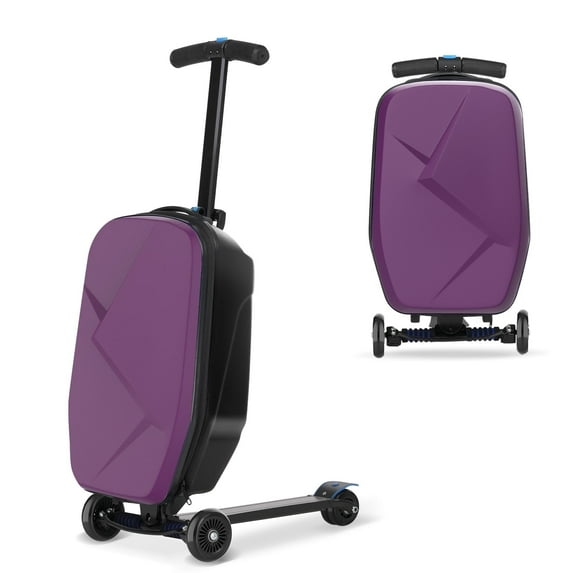 Advwin Scooter Luggage for Kids & Adults, Hardside Ride on Suitcase for Kids Ages 4-15 Multifunctional Lightweight Foldable Carry on Luggage with Wheels Ride on for Children Teenagers, Purple