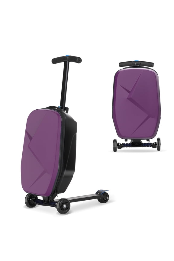 Scooter Luggage for Kids & Adults, Hardside Ride on Suitcase for Kids Ages 4-15 Multifunctional Lightweight Foldable Carry on Luggage with Wheels Ride on for Children Teenagers, Purple