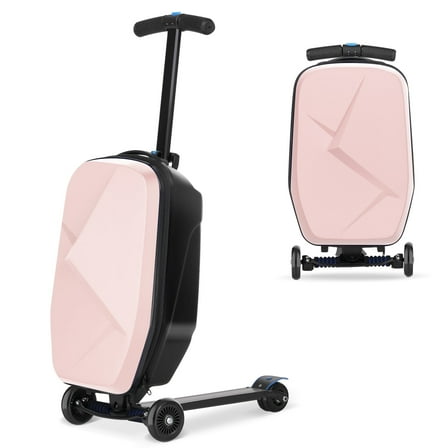 Advwin Scooter Luggage for Kids & Adults, Hardside Ride on Suitcase for Kids Ages 4-15 Multifunctional Lightweight Foldable Carry on Luggage with Wheels Ride on for Children Teenagers, Pink