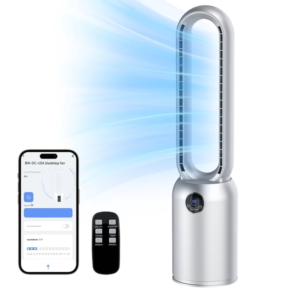 ADVWIN Smart Bladeless Tower Fan, 26ft/s Fast Cooling, 24 Speeds, App Control, 90° Oscillation, Silver