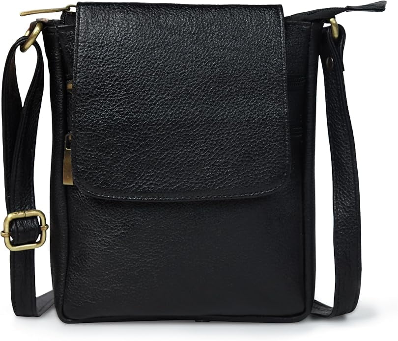 ADYAN Black Genuine Leather Crossbody Messenger Bag for Men and Women Travel Shoulder Bag with Adjustable Straps Compact Stylish Everyday Pouch for Office Work and Casual Use 7x8.5x1.5 Inch