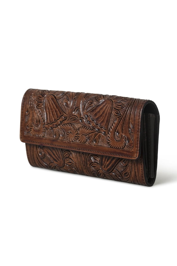 Western Leather Wallet for Women Handmade Cowhide Clutch Purse, 12 Card Slots, Multi-Compartment, Zip Pockets, No Strap Dark Brown 8"x4.5"