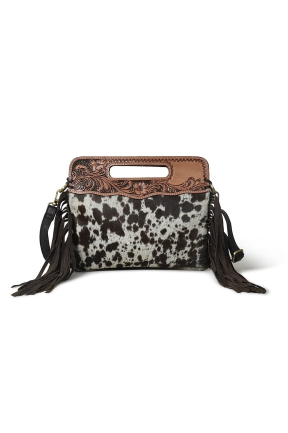 Western Suede Fringe Leather Hand Bag for Women Handcrafted Hair-On Brown Hobo Shoulder Bag with Adjustable Strap, Zip Pockets & Handles (12"x10")