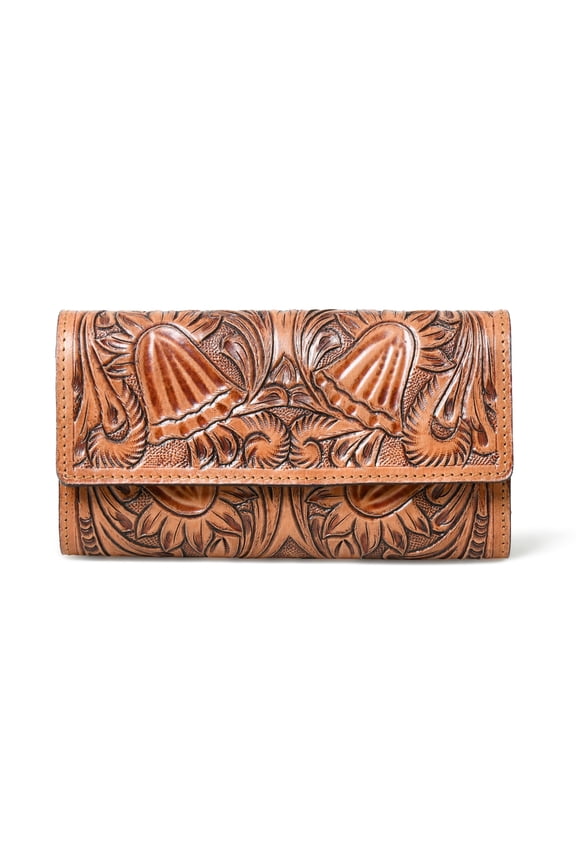 Womens Embossed Leather Clutch Wallet Handmade Beige Floral Pattern Purse with Multiple Card Slots & Magnetic Closure