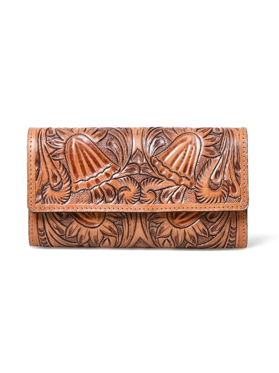 Womens Embossed Leather Clutch Wallet Handmade Tan Floral Pattern Purse with Multiple Card Slots & Magnetic Closure