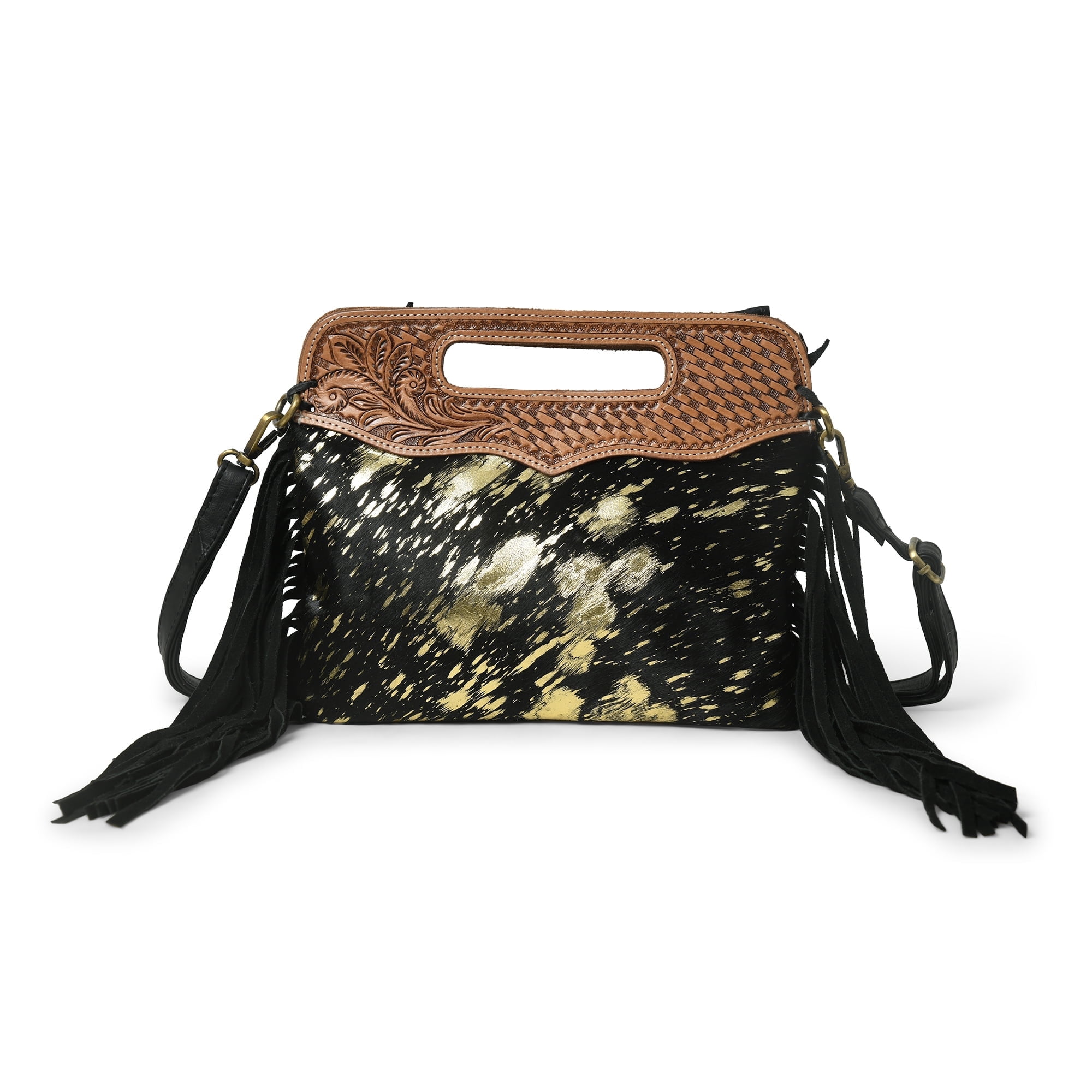 Women's Western Fringe Leather Hand Bag – Sling Bag Suede Hair-On Handbag with Adjustable Strap, Handmade Sling Purse 12"x10" Black n Golden