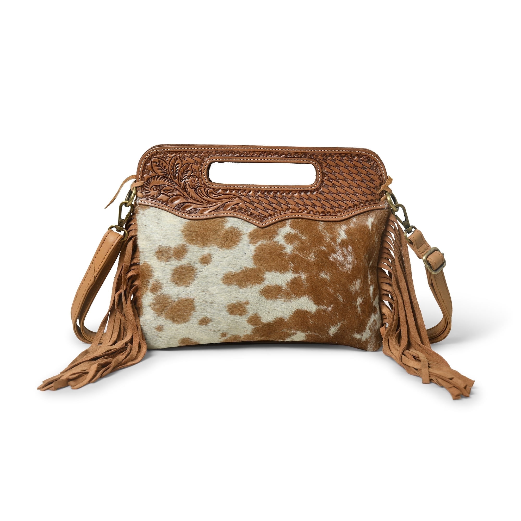 Women's Western Fringe Leather Hand Bag – Sling Bag Suede Hair-On Handbag with Adjustable Strap, Handmade Sling Purse 12"x10" Tan n White