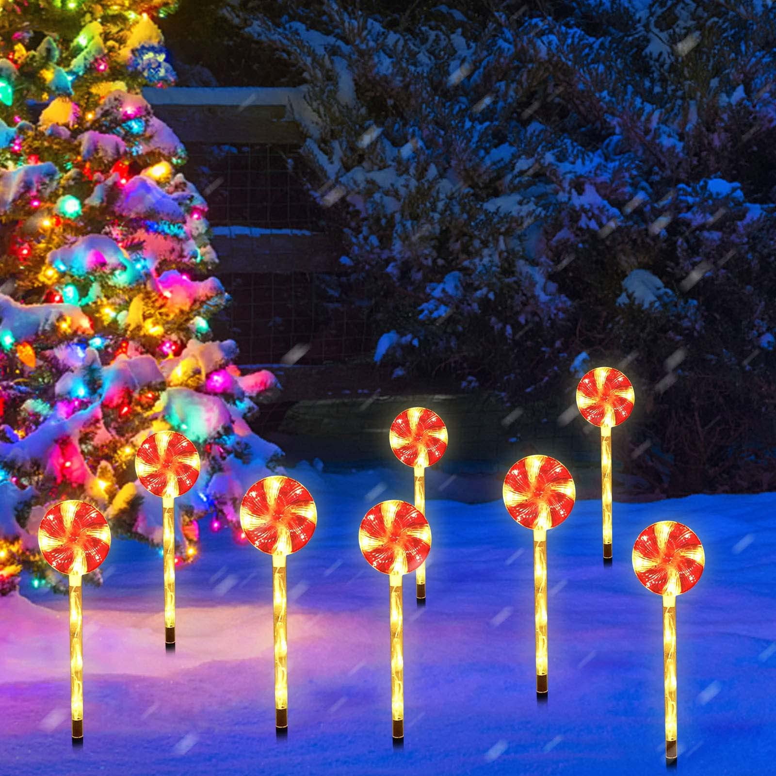 ADruer 8 Pack Christmas Lights Outdoor, 44 LED Lollipop Peppermint Lights Christmas Stakes, Candy Cane Christmas Decorations with Warm White Light for Xmas Holiday Patio Yard